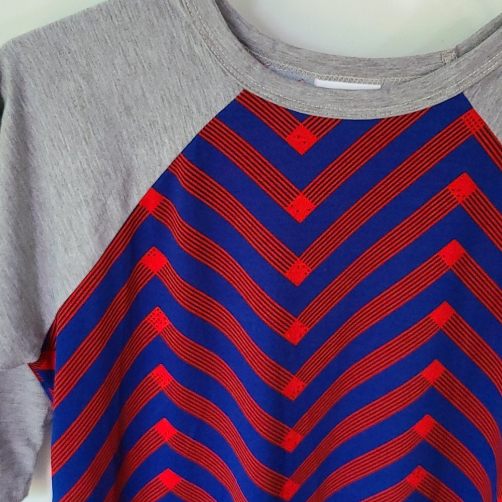 LuLaRoe 62 Sloan Red & Blue Stripes Gray Sleeves